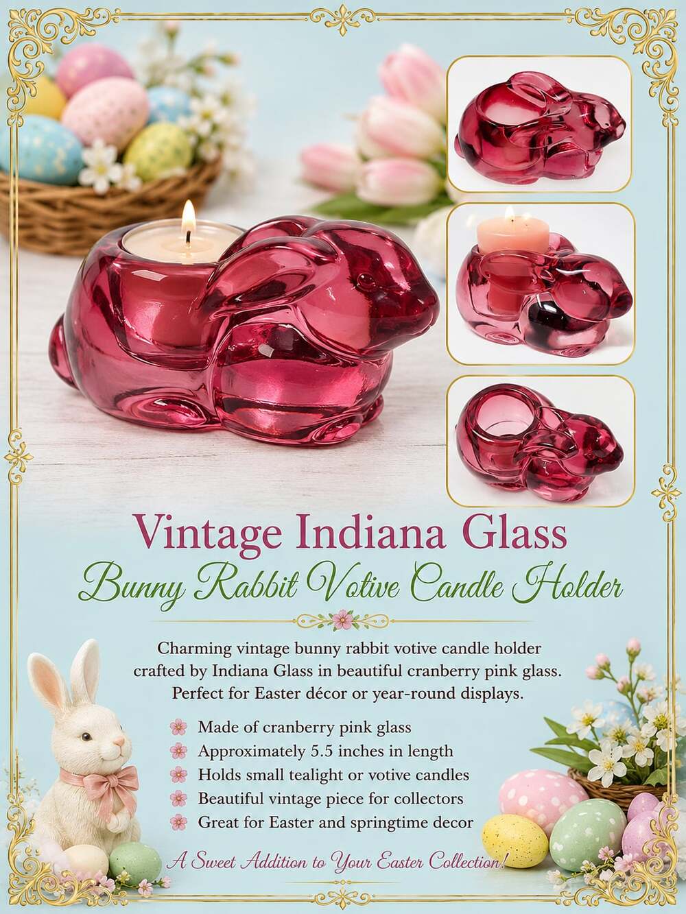 Vintage Indiana Glass Cranberry Pink Rabbit Bunny Votive Candle Holder